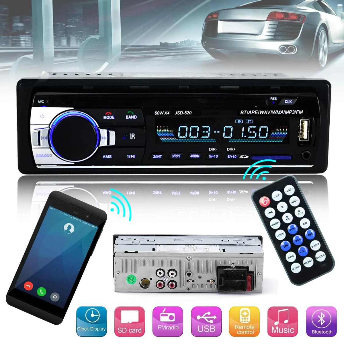 

bluetooth V2.0 Stereo Autoradio Car Radio 12V In-dash 1 Din FM Aux Input Receiver SD USB MP3 MMC WMA Car Audio Player