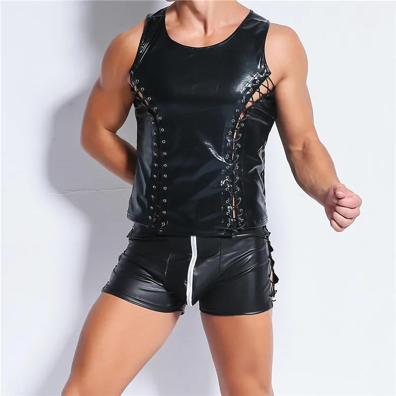 

AIIOU Erotic Funny Men PU Faux Leather Undershirts T Shirts Sexy Fitness Black Bandages Gay Hip Hop Men Dance Wear Undershirts