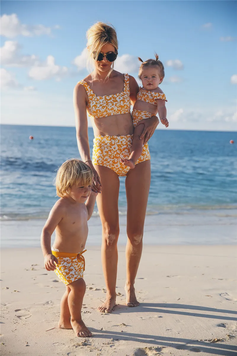 

New Fashion Mother Daughter Family Matching Swimwear Swimsuit Print Crop Top High Waist Women Kids Floral 2Pcs Bikini Set