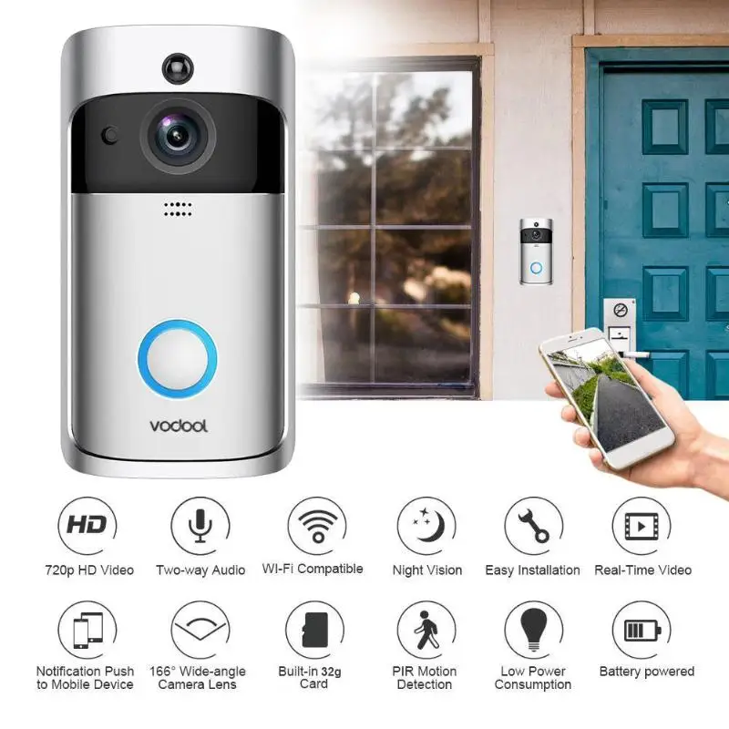 

Vodool V5 Smart WiFi Video Doorbell 720p Visual Call Intercom Door Bell Camera For Apartments IR Alarm Wireless Security Camera