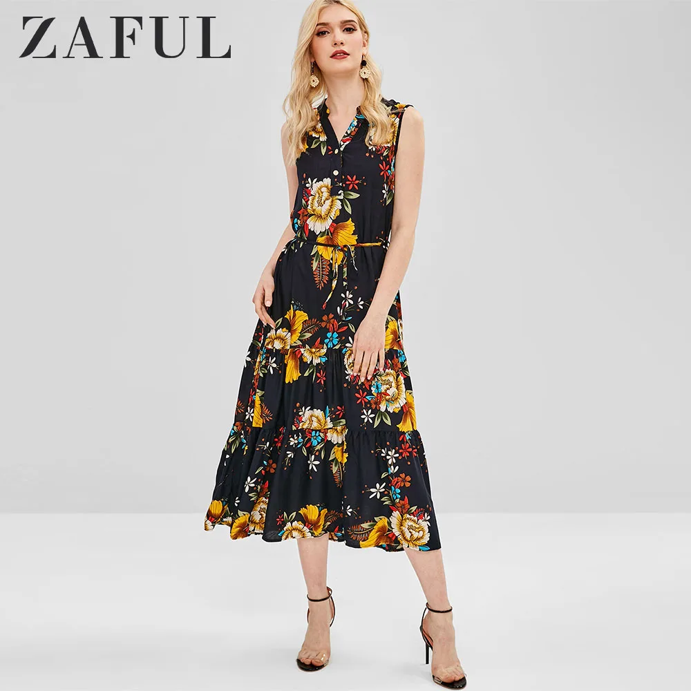 Женское платье с поясом ZAFUL шифоновое платье-трапеция без рукавов v-образным