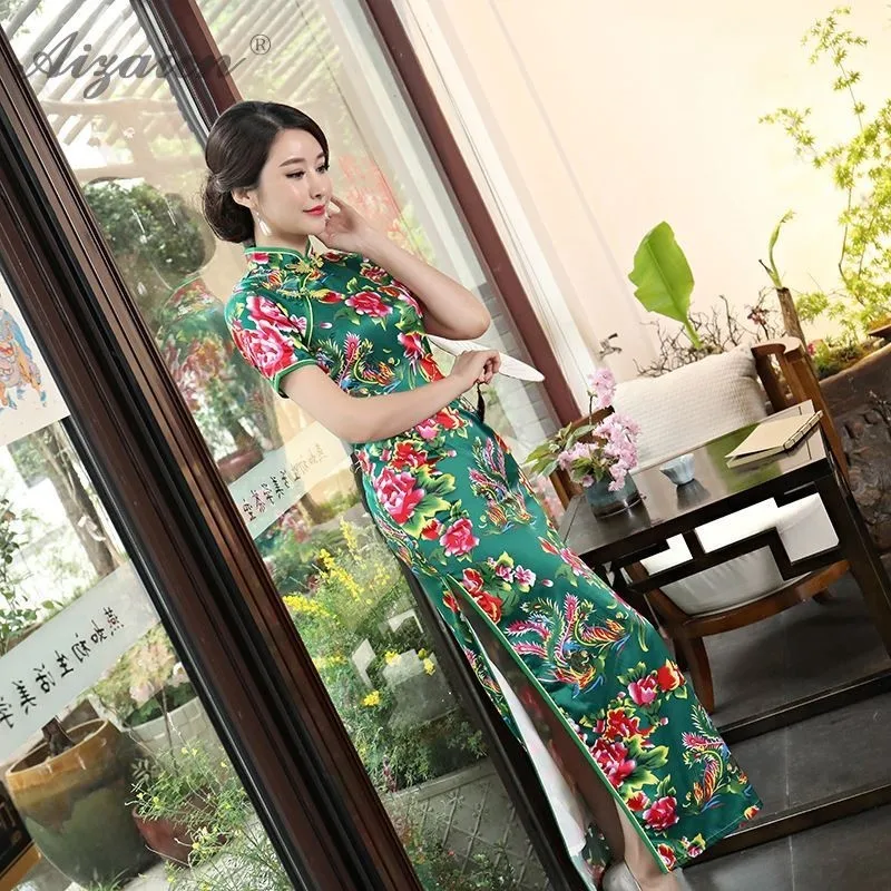 2019 новые летние печати Длинные Cheongsam современный Chinoise Зеленый Мать Ци Пао для женщин китайское традиционное платье Женская Роба в