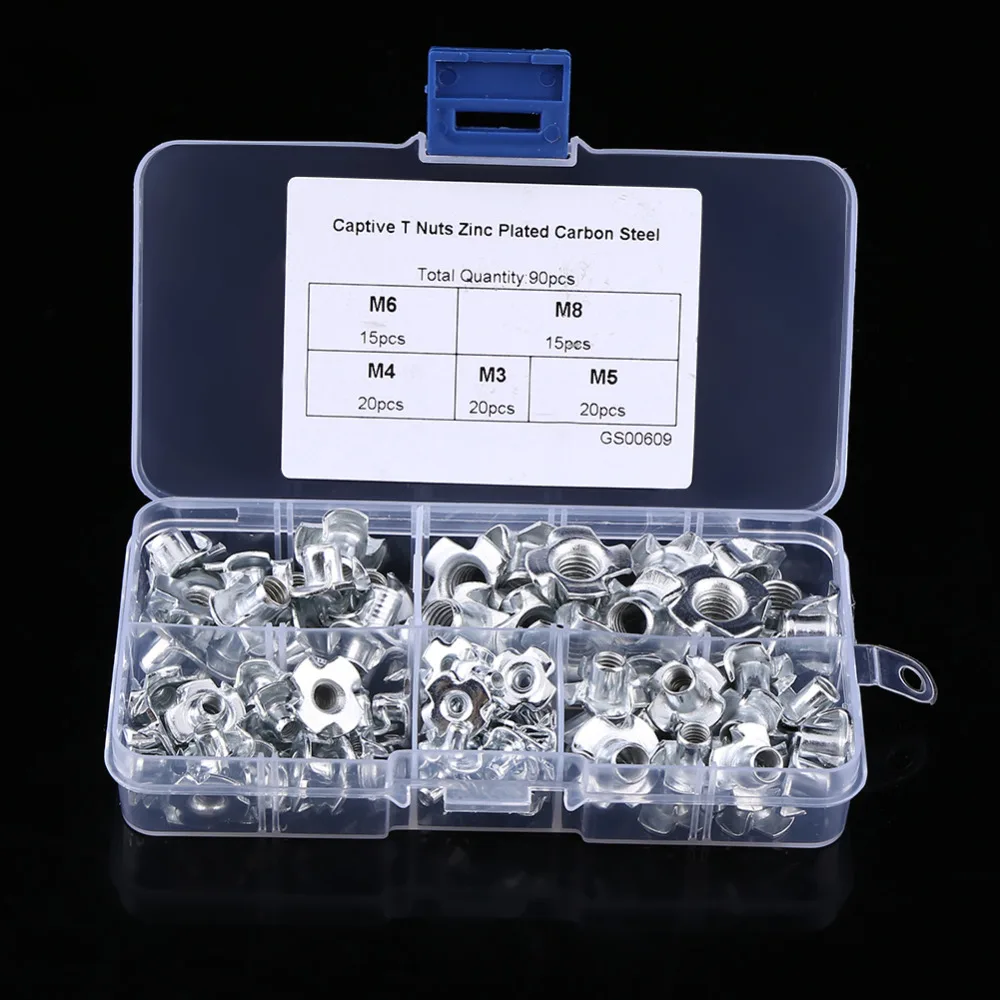 

90Pcs T Nuts Four-Pronged Claws Tee Nut for Wood Furniture tuercas M3/M4/M5/M6/M8 Carbon Steel Blind Inserts nuts