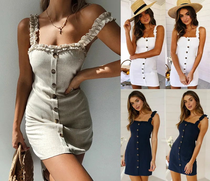 

2019 Uguest Sexy Summer Woman Dress Button Strapless Sheath Spaghetti Strap Open Back Solid Mini Dress Boho Party Beach Dresses