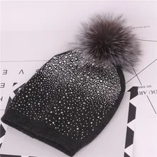 Для женщин вязаная шапка с помпон из лисьего меха осень-зима вязаные шапочки Кепки кошки для девочек HK01