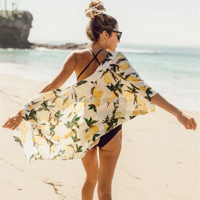 

2019 Beach Cover up Lemon Print Rayon Swimwear Tunics Beachwear Women Robe de Plage Saida de Praia Swimsuit Cover ups