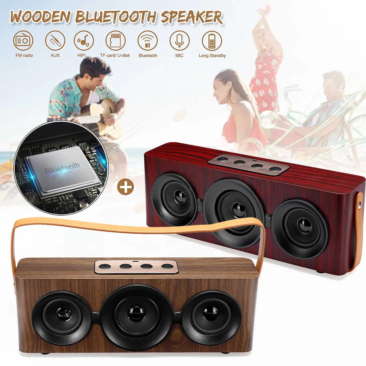 

Multi-function Wireless Bluetooth Speaker Wooden Stereo Loudspeaker Portable Speaker Handsfree Calling Subwoofer FM Radio