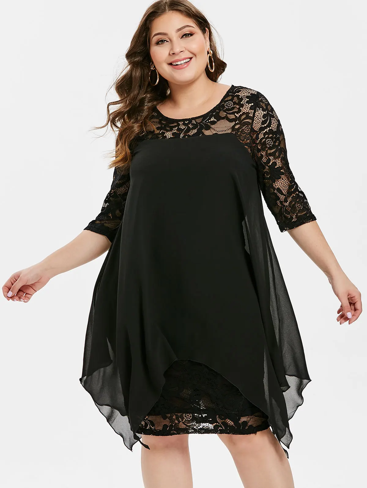 

Wipalo Women Plus Size 5XL Hollow Out Handkerchief Sheer Lace Dress O Neck Half Sleeves Chiffon Solid Dress Ladies Party Vestido