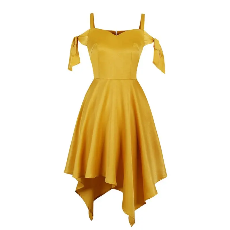

Women Midi Dresses Elegant Sexy Yellow Vintage OL Ladies Aline Off Shoulder Zipper Solid Lace Up Belt Female Fashion Retro Dress
