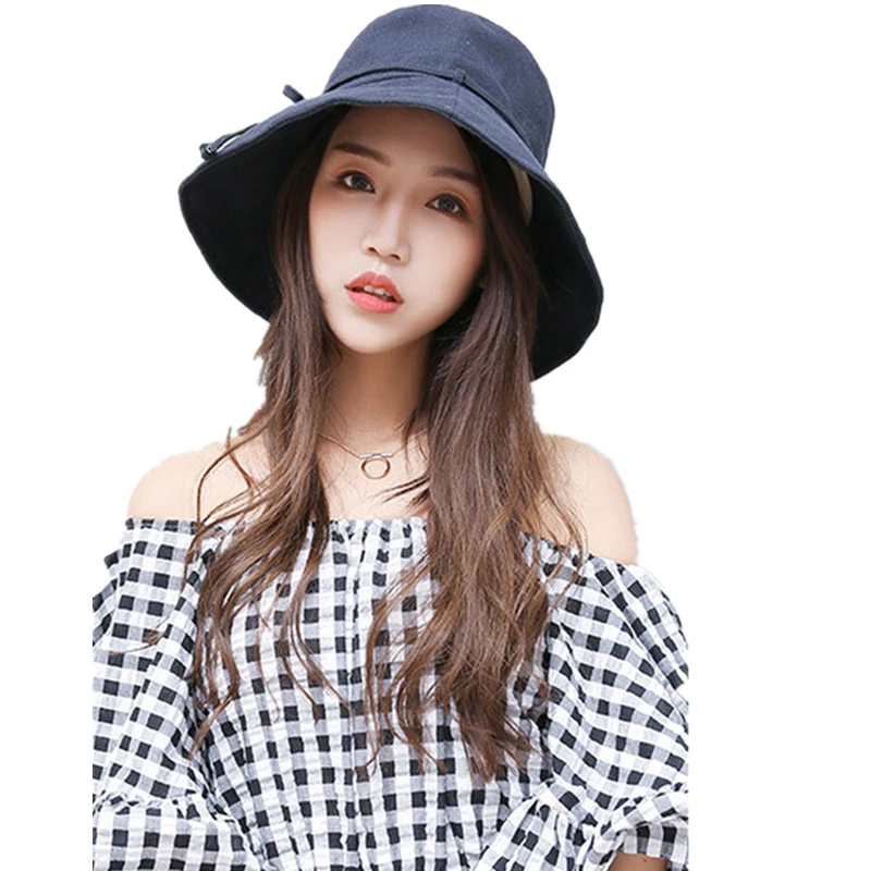 Women Bucket Hat Cotton Linen Wide Large Brim Sun Caps With Bow Outdoor