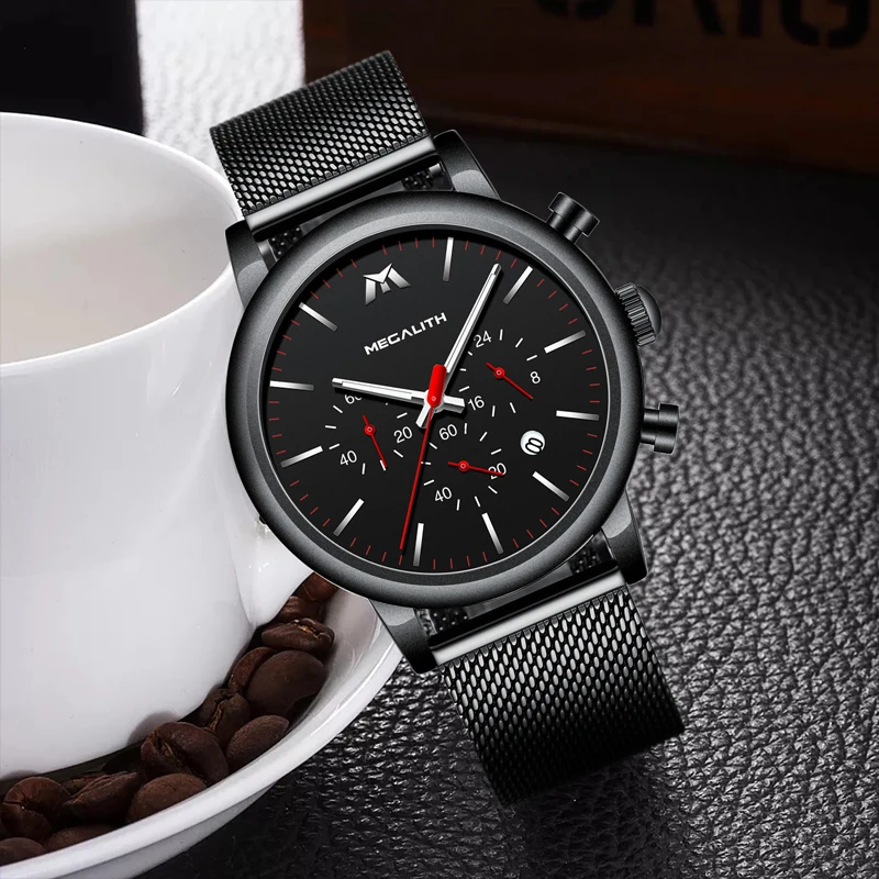 

MEGALITH Men Fashion Sport Watch Waterproof Chronograph Analog Quartz Watch Mesh Strap Wrist watch Men Clock Relogio Masculino