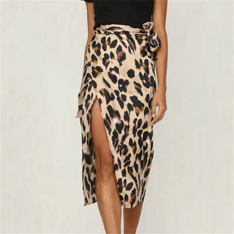 

Women Skirt Fashion Women Leopard Print Skirt Lace Up Split Drape Pencil Bodycon Skirts Asymmetric Wrap High Waist Ladies Skirts