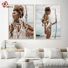 Beauty Art Canvas Painting Native American Indian Girl Feather Hunter Poster Bohemia Wall Picture Modern Home Wall Decor Print