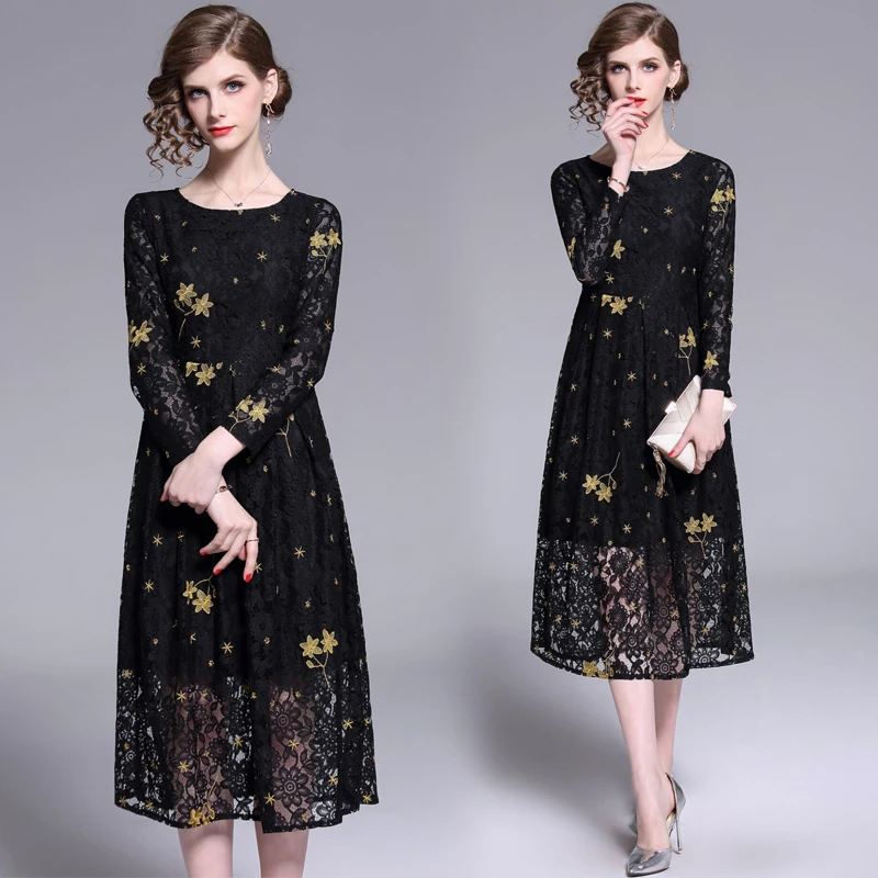 Banulin 2019 Spring Women Black Lace Dress High-End Ladies O-Neck stitching Runway Vintage Female Slim Sexy Party Dresses B6378 Banulin 2019 Spring Women Black Lace Dress High-End Ladies O-Neck stitching Runway Vintage Female Slim Sexy Party Dresses B6378