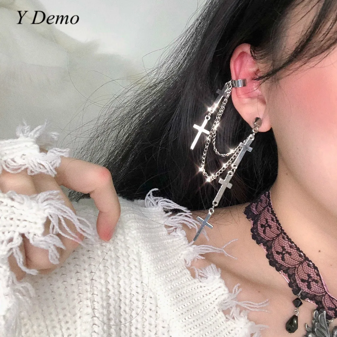 

Rock Crossing Chain Stud Earring Women Grunge Style Earring