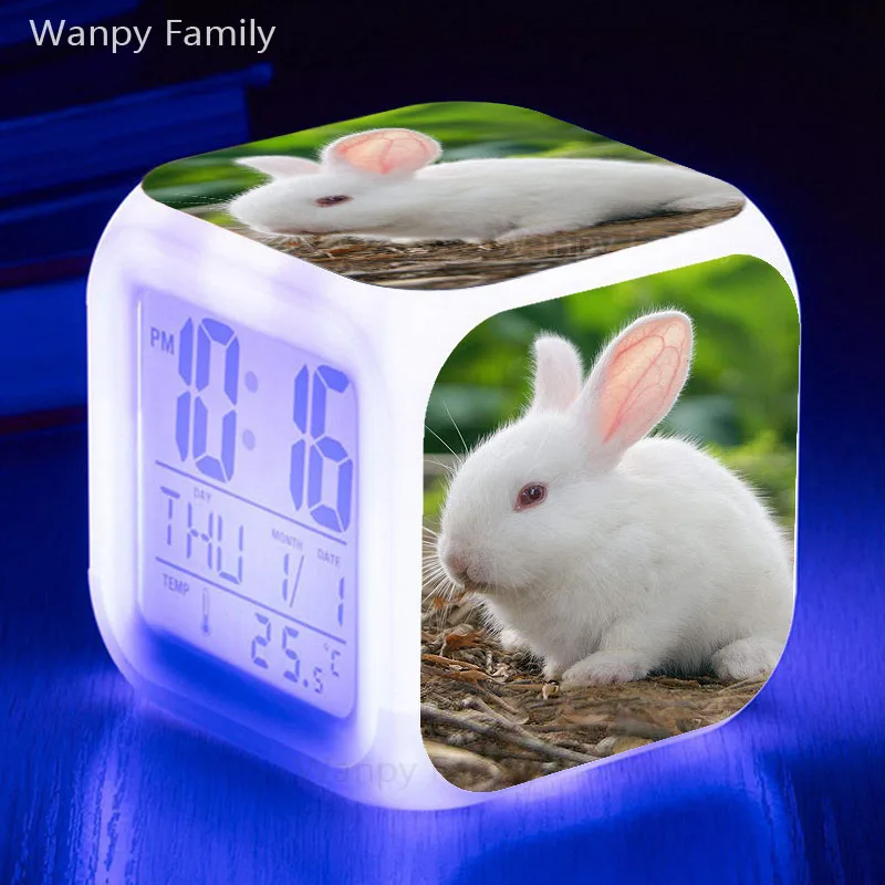 Little White Rabbit LED Alarm Clock 7 Color Changing Glowing Digital