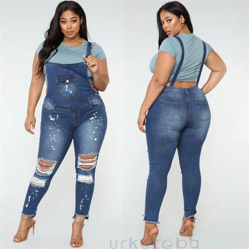 Donne formose Strappato Denim Jeans Tute e Salopette Pieno Lunghezza  Grembiule Complessivo Tuta Salopette Bretella Lunga Distrutto Pantaloni In  Denim|Jeans| - AliExpress