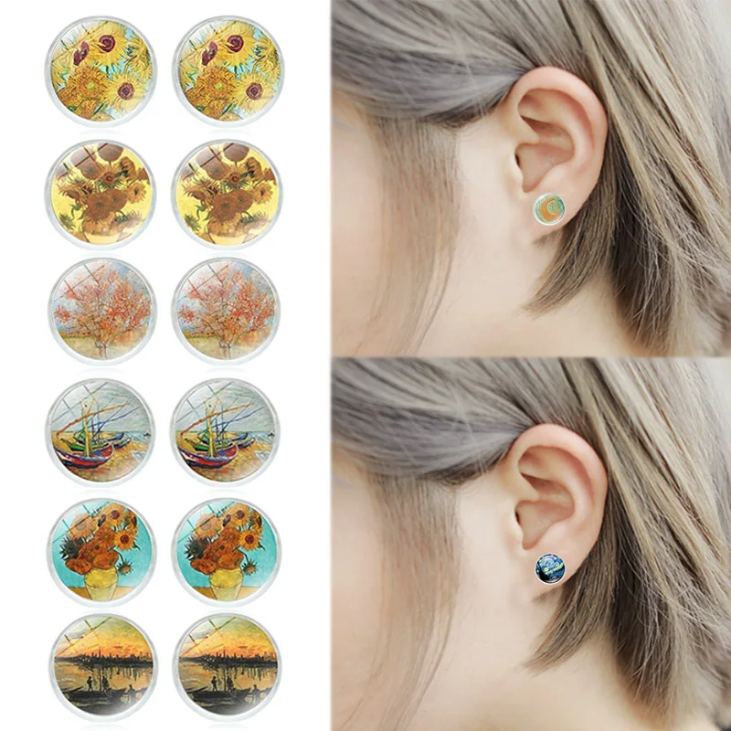 

2019 New Fashion New Arrival 1Pair Round Flower Painting Glass Stud Earrings Sunflowers The Starry Night Earring Jewelry