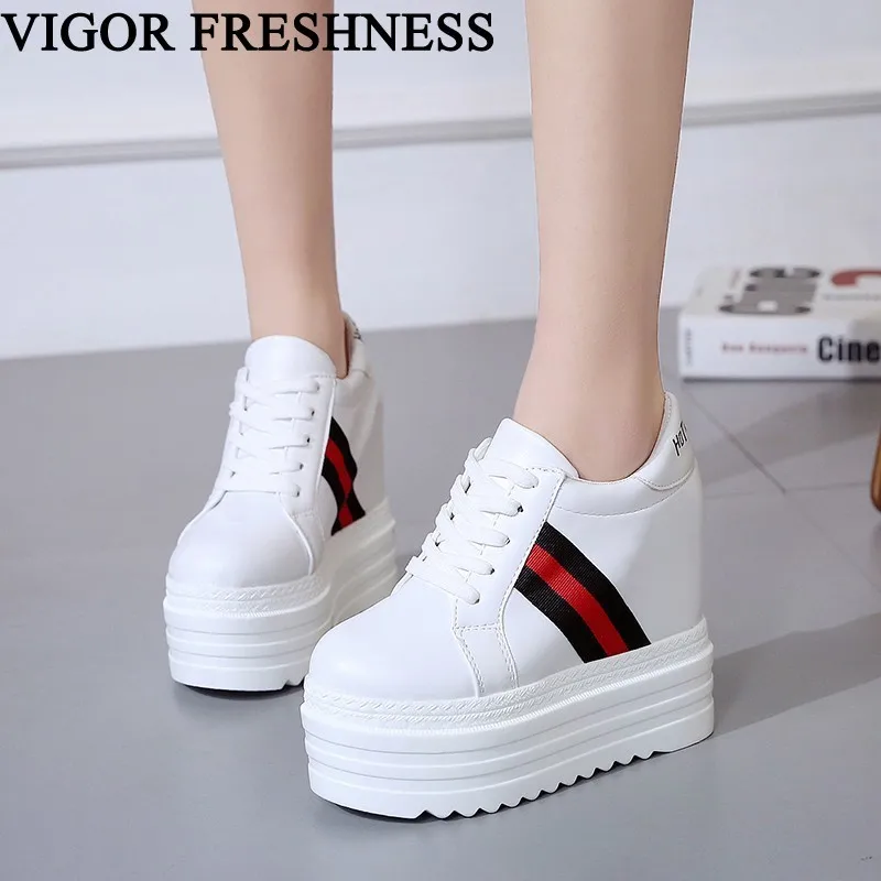 

VIGOR FRESHNESS Women Platform Shoes Spring White Sneakers Height Increasing Heels Pumps Autumn Ladies High Hidden Heels WY442