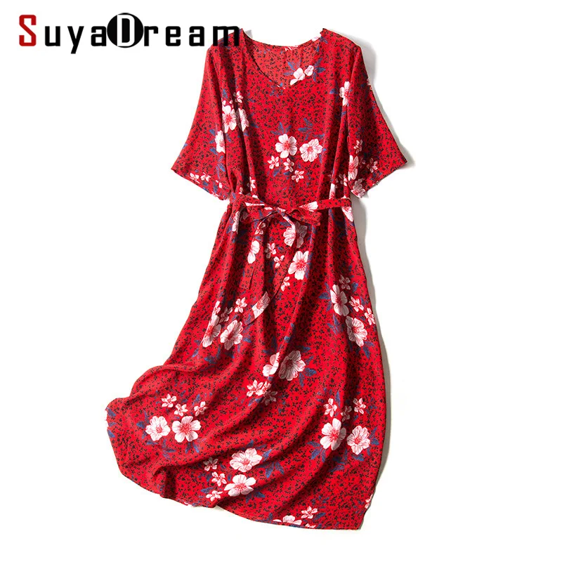 

Women Dress 100% REAL SILK CREPE Belted Floral Printed Dresses for Women Half Sleeved 2019 Spring New Casual Dress Red
