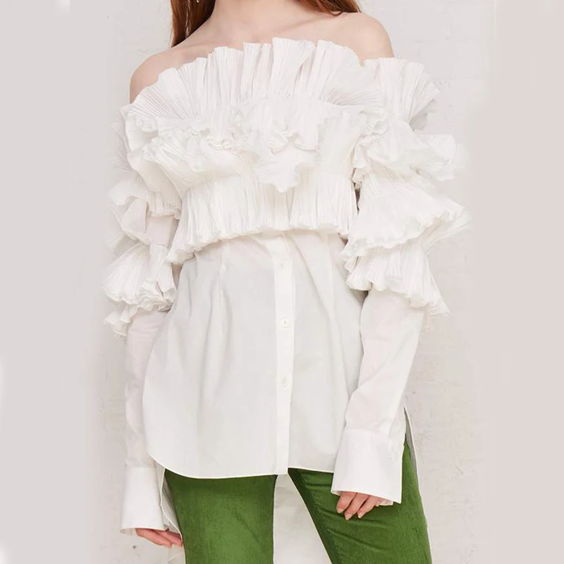 [EAM] Новинка, осенне-зимняя Свободная Женская блузка с вырезом лодочкой, длинным рукавом и трехмерными оборками, модная женская блузка JS662