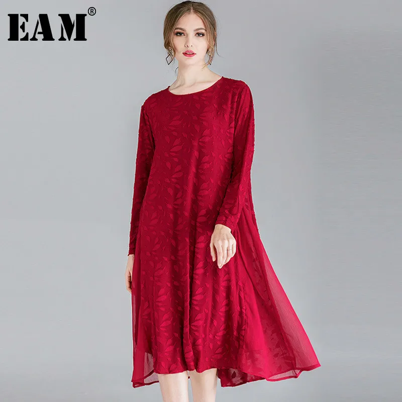 

[EAM] 2019 New Autumn Winter Round Neck Long Sleeve Black Big Size Lace Chiffon Split Joint Big Size Dress Women Fashion JO395
