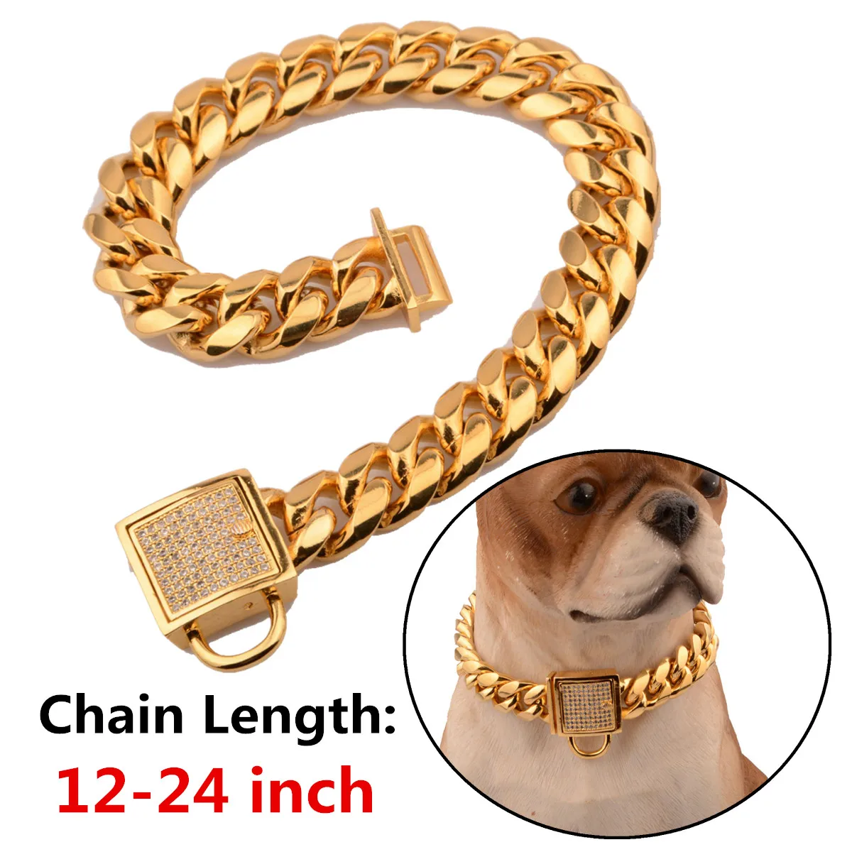 14mm New High Quality Dog Collar for Large Dogs Strong Gold Stainless Steel Chain Jewled Dogs
