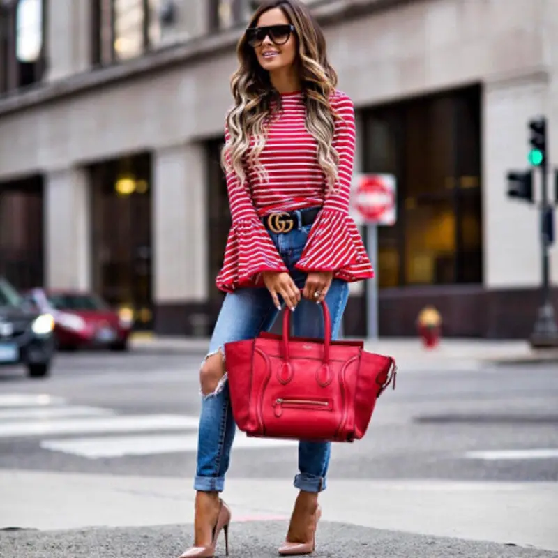 

Brand New Women Vintage Fashion White And Red Striped Shirt Blouses Cotton Blend Tops retro roupas Flare Sleeve femininas shirts