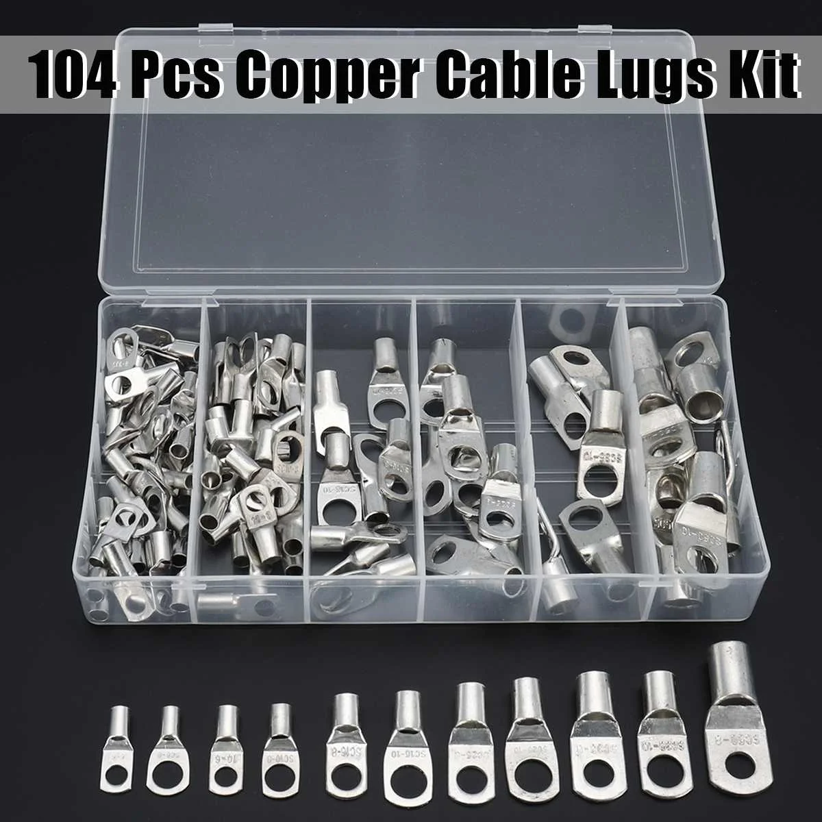 

NEW 104Pcs Copper Cable Lugs Kit 6mm2/10mm2/16mm2/25mm2/35mm2/50mm2 Terminal Block Wire Connectors