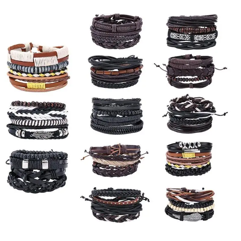 

Vintage Multilayer PU Bracelet Men Fashion Braided Handmade Star Rope Wrap Bracelets & Bangles Male Gift