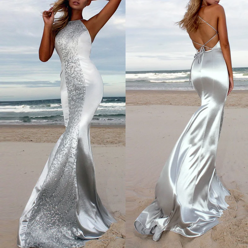 

Full Length Formal Wedding Bridesmaid Party Dress Beauty silver backless lace-up dresses sundress long dress vestido