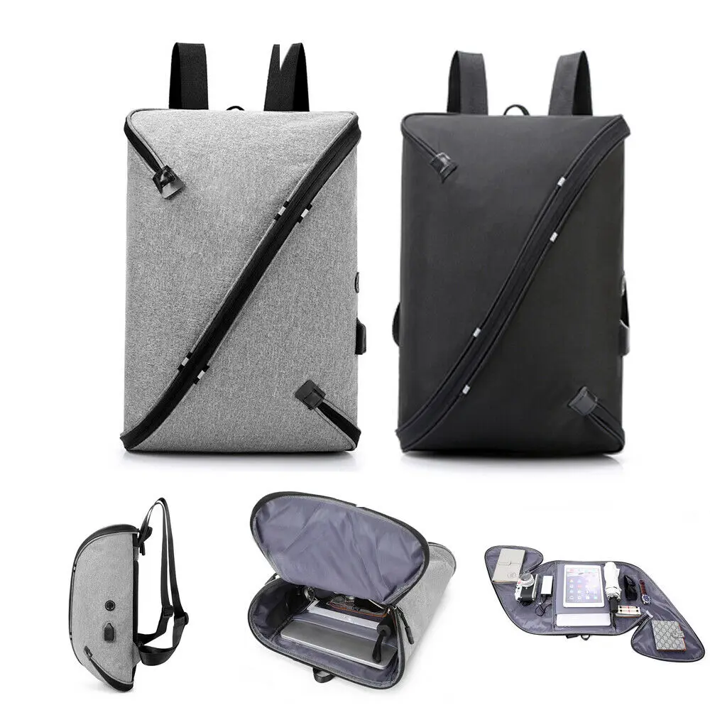 Anti-theft men's fashion backpack personality solid color add USB and charging port laptop bag