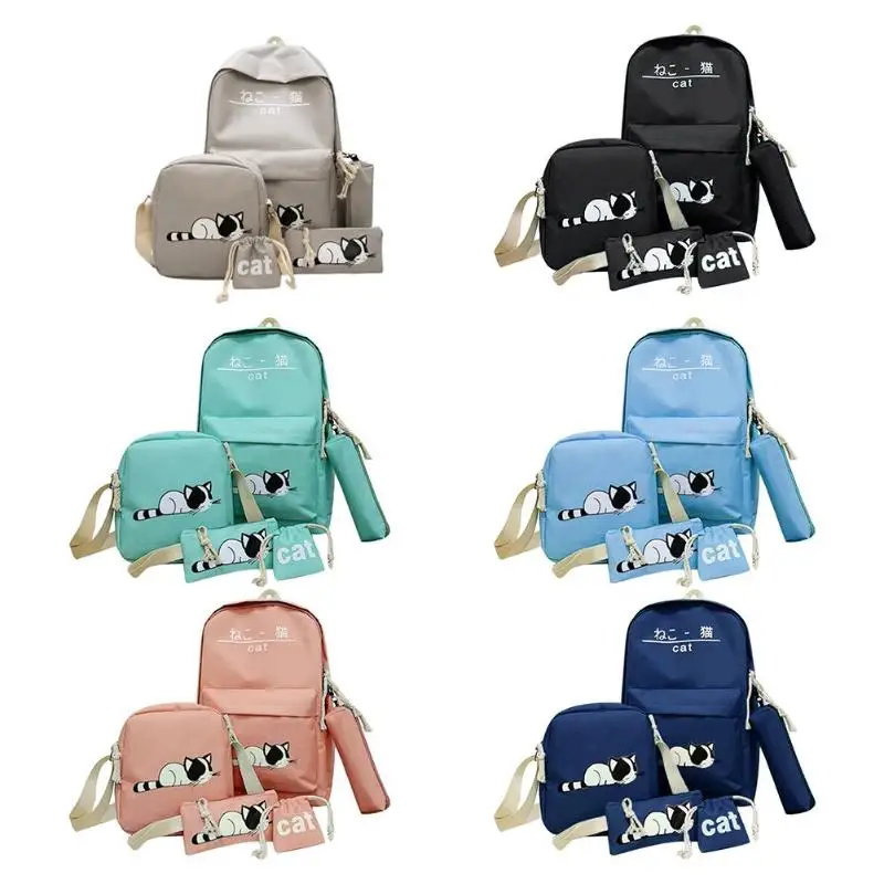 

5pcs/set Cute Cat Canvas Bags Student Travel Backpack Shoulder Clutch Bag Solid Chain Design School Backpack For Teenage 2019