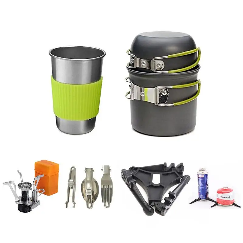 

Portable Camping Cookware Outdoor Tableware Set Foldable Hiking Picnic Backpacking Cookware Pot Cup Bowl Spoon Fork Burner Set