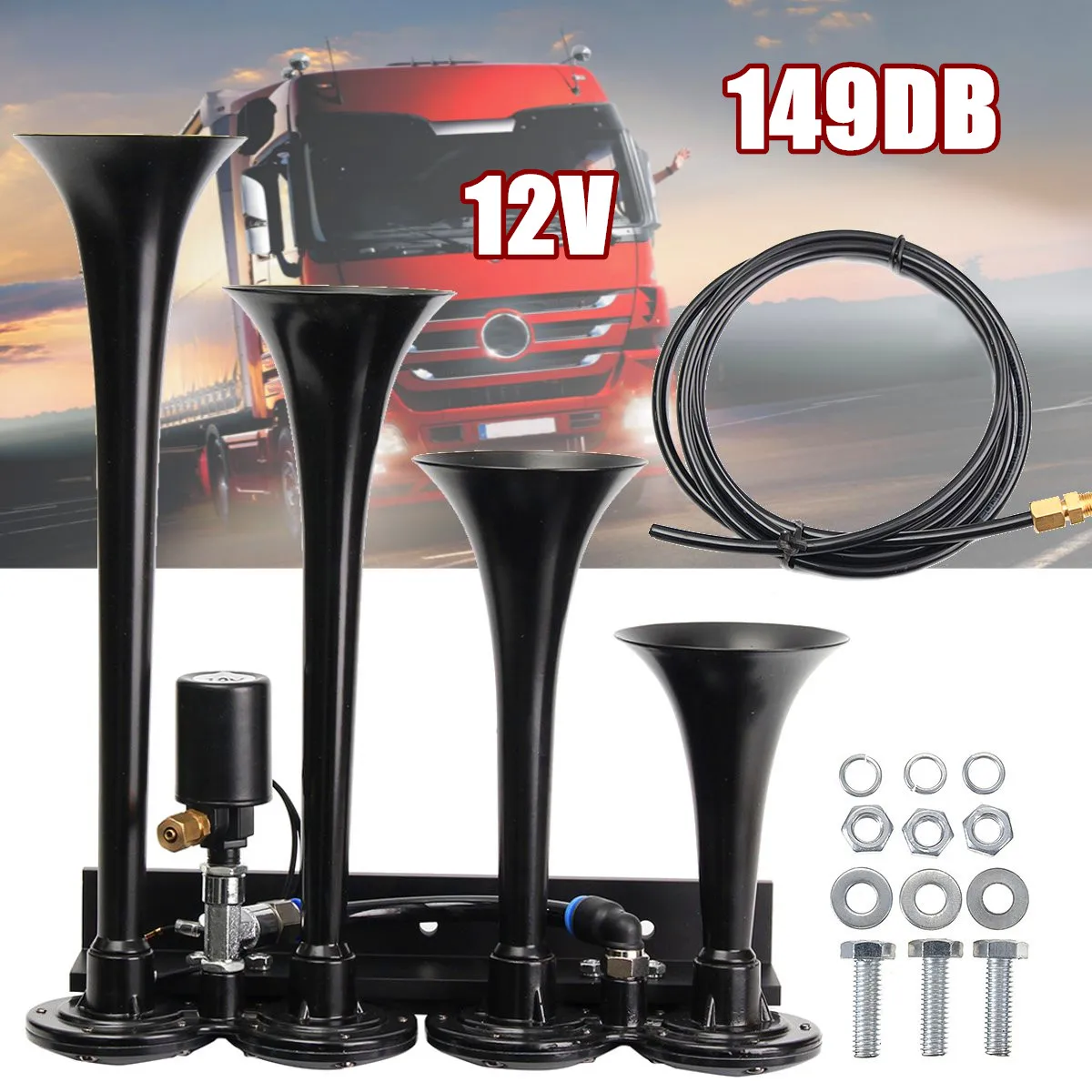 12V 149DB Loud Four Trumpet Train Air Horn Kits VXH4124B For Car Truck Boat Vehicle Train 340mm 155mm