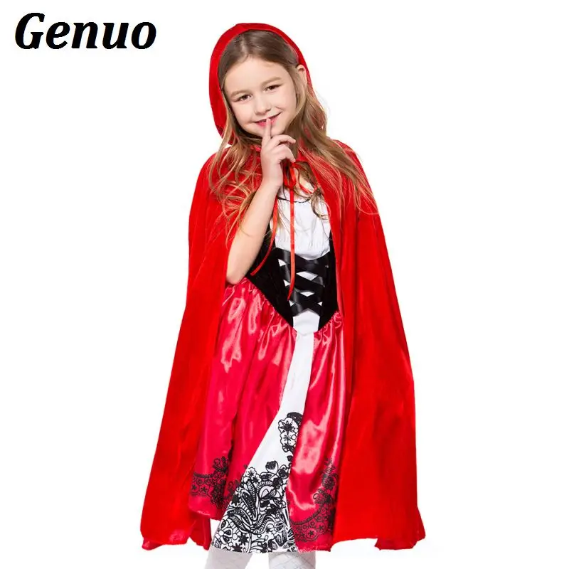 

Genuo Girl Halloween Costume Little Red Riding Hooded Robe Embroidery Dress Party Cloak Outfit For Girls Stage Performance Suit