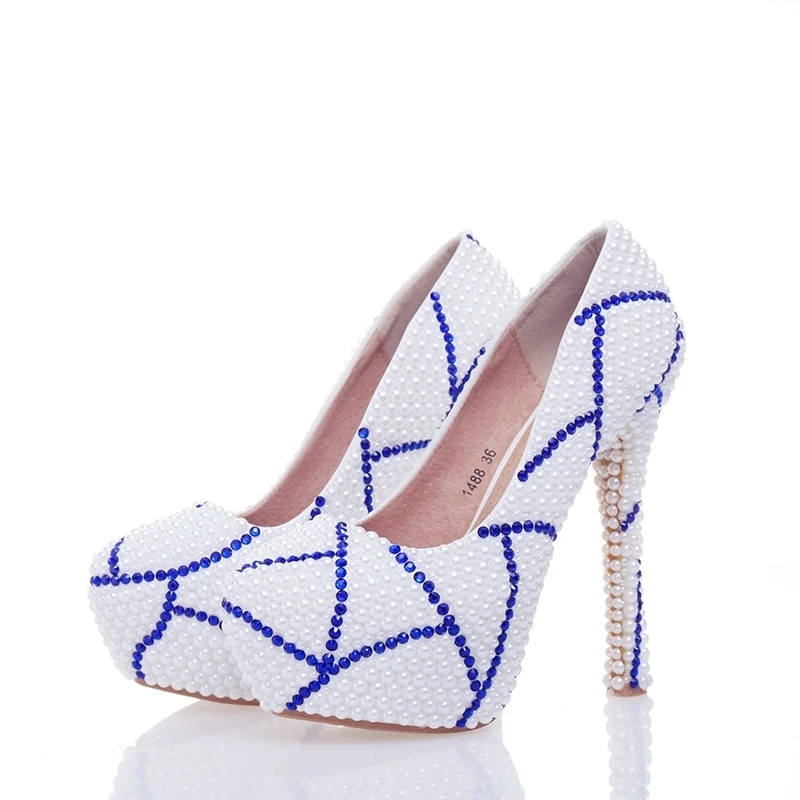 

White Pearl Blue Rhinestone Bridal Wedding Shoes Elegant Women High Heels Mother of the Bride Shoes Plus Size Special Design
