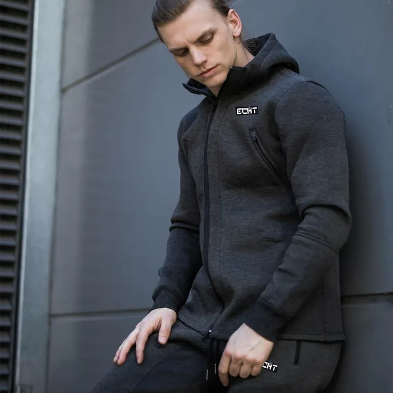 

New Mens Sping Autumn Thick Gray Casual Sport 2 Piece Set Male Zipper Shirt Stretch Straight Fitness Sportwear Clothing Suit