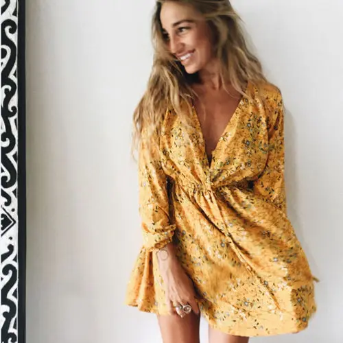 

2019 New Fashion Women's Long Sleeve Floral Ruffles Dress Party 5 Colors Three Quarter Beach Sundress Summer