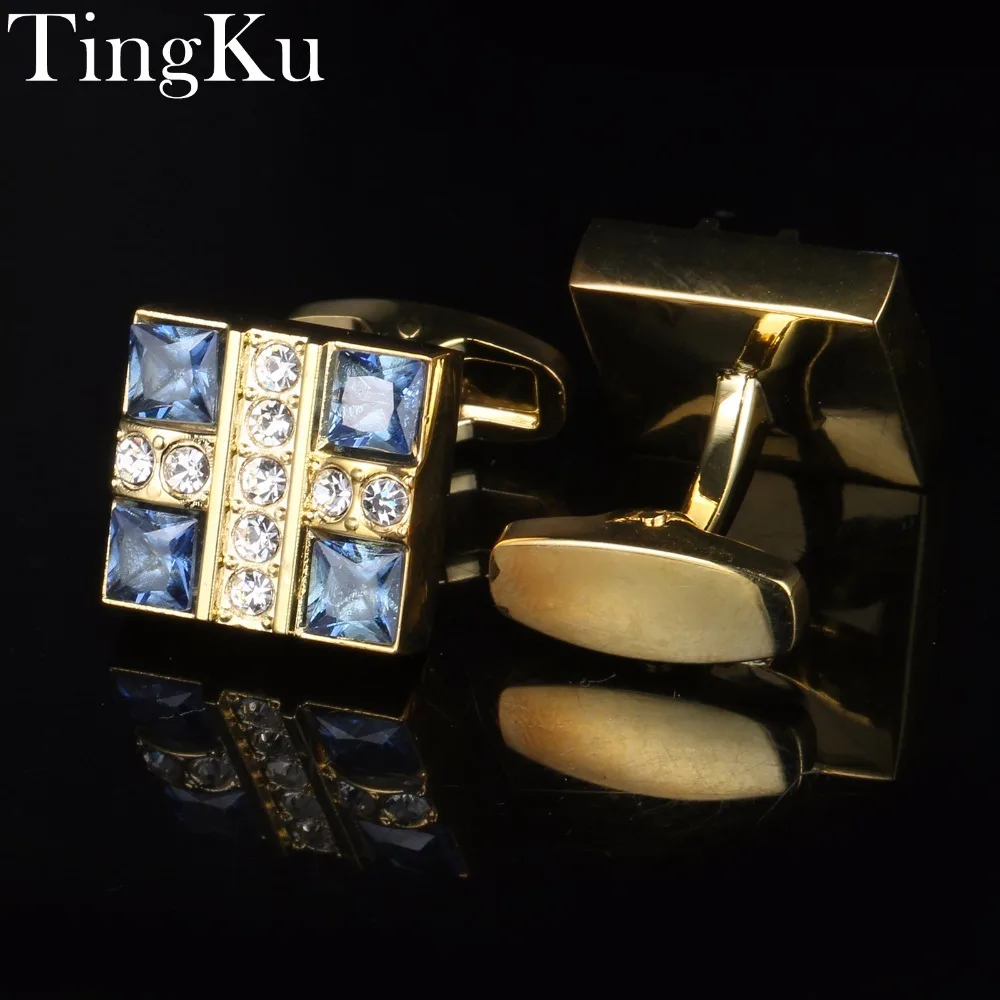 

[Free Shipping]Personalized Mens Jewelry Fashion Shirt Cufflinks Blue for Mens Gift Brand Cuff Links Buttons Golden High Quality