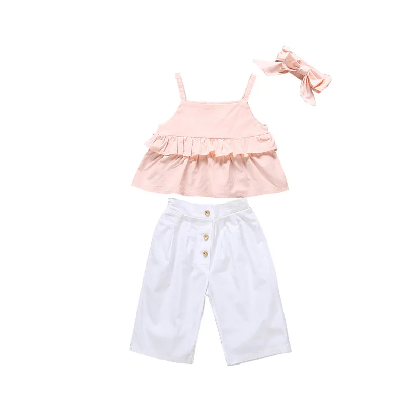

1-6T Cute Toddler Kids Baby Girls Ruffle Sling Tops Sleeveless Long Pants Headband 3PCS Outfits Clothes Set Sunsuit Summer