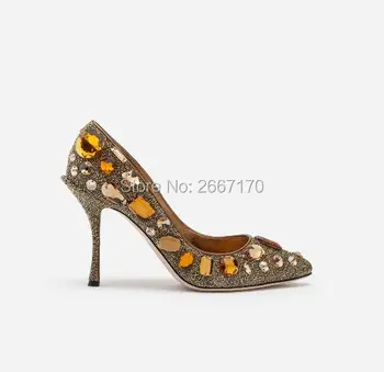 

Sapato Feminino Soft Lurex Pumps Women all-over Stone Embellished High Heels Slip On Crystal Stilettos Party Heels Women Spring