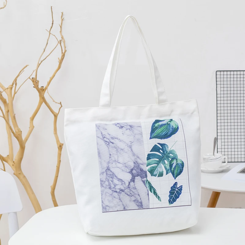 

2019 Marbled green leaf Women Canvas Handbag Printing Shopping Bag Casual Wild Summer Large Capacity Beach Bag