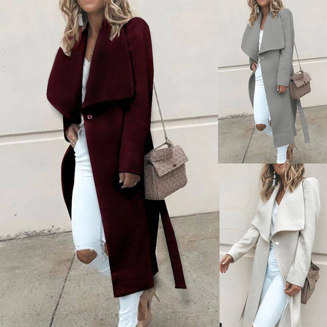 Fashion Women Wool Long Coat Winter Spring Wide Lapel Coats With Belt Outwear Elegant Ladies Solid Color Loose Overcoat Manteau