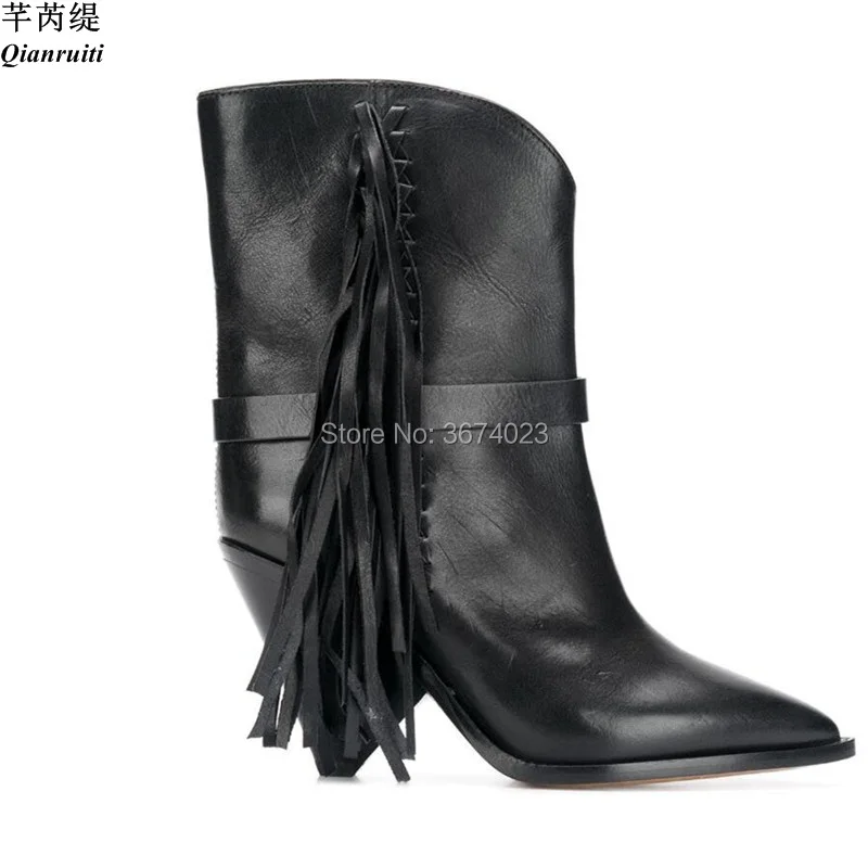 

Qianruiti 2018 Cowboy Boots Women Black White Fringed Leather Ankle Boots Pointed Toe Spike Heels Tassel Slip On Bottes Runway