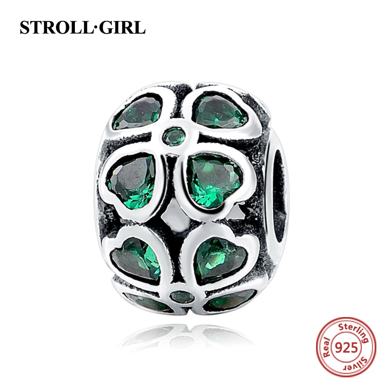 

2017 Spring Collection 925 Sterling Silver Green Heart Cz Four Leaf Clover Lucky charm Beads For European Bracelets