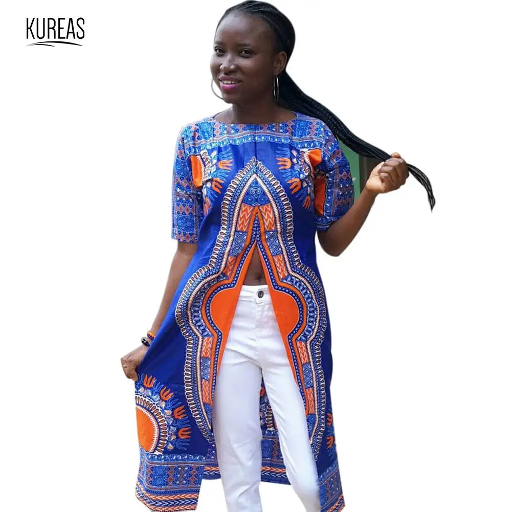 

Kureas Women African Dashiki Dress Digital Print Midi Split Dresses Half Sleeves Kanga Clothing Africa Clothes