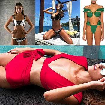 

Fashion Casual Slim Women Bikini Set Padded Bra Crease Bandeau Swimsuit Beach Swimwear Bathing Suit Summer Clothes