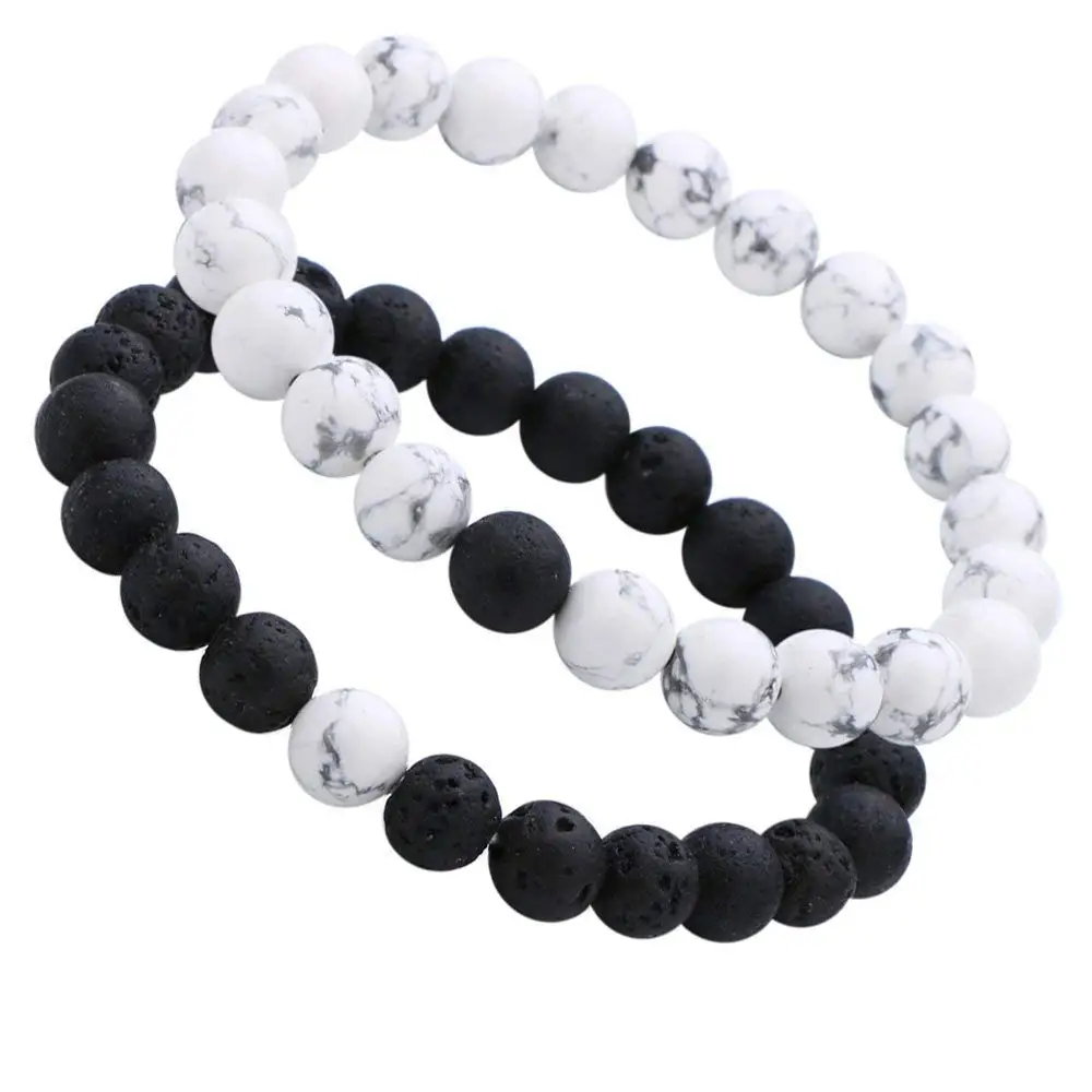 Парный браслет His & Her черный матовый белый Howlite 8 мм с бусинами Корона дружбы