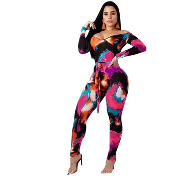 

Sexy One Piece Bodycon Jumpsuit for Women Slash Neck Off The Shoulder Print Party Catsuit Bohemia Long Sleeve Rompers Sashes